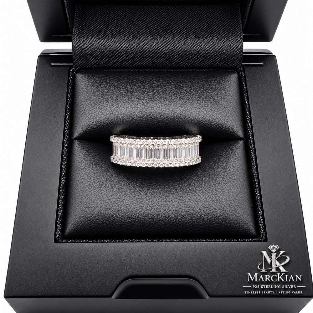 925 Sterling Silver Baguette Halo Band Ring Size 7 MOISSANITE 4.26CTW